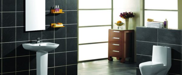Bathroom-white-sanitary-ware-with-black-tiles